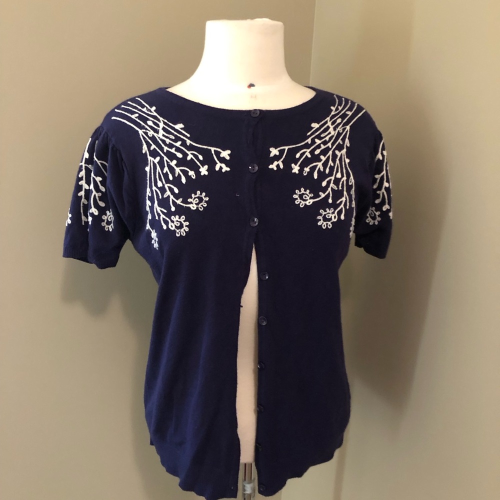 Rain + Rose Navy Cardigan with Floral Embroidery Size Medium